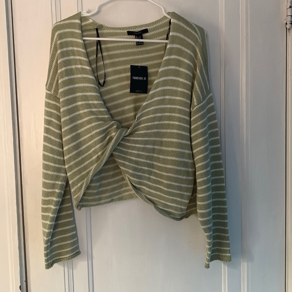 Forever 21 Sage Green and Cream Striped Twist Front Sweater Top